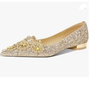 XYD Women's Sense of Luxury Pointed Toe Jewelry Pearl Studs Low Heel Flats Gold